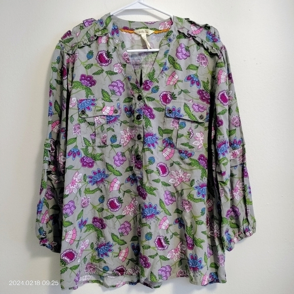 Matilda jane thinking out loud gray floral purple pink long sleeve blouse size L - Picture 1 of 10